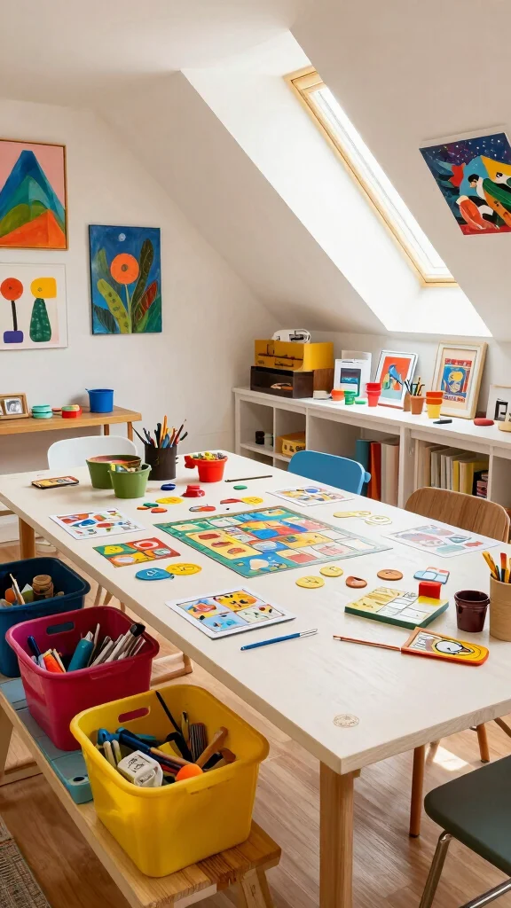 13 Attic Game Room Ideas for a Fun Dedicated Top-Floor Entertainment Space - 11. Creative Craft and Game Zone 1