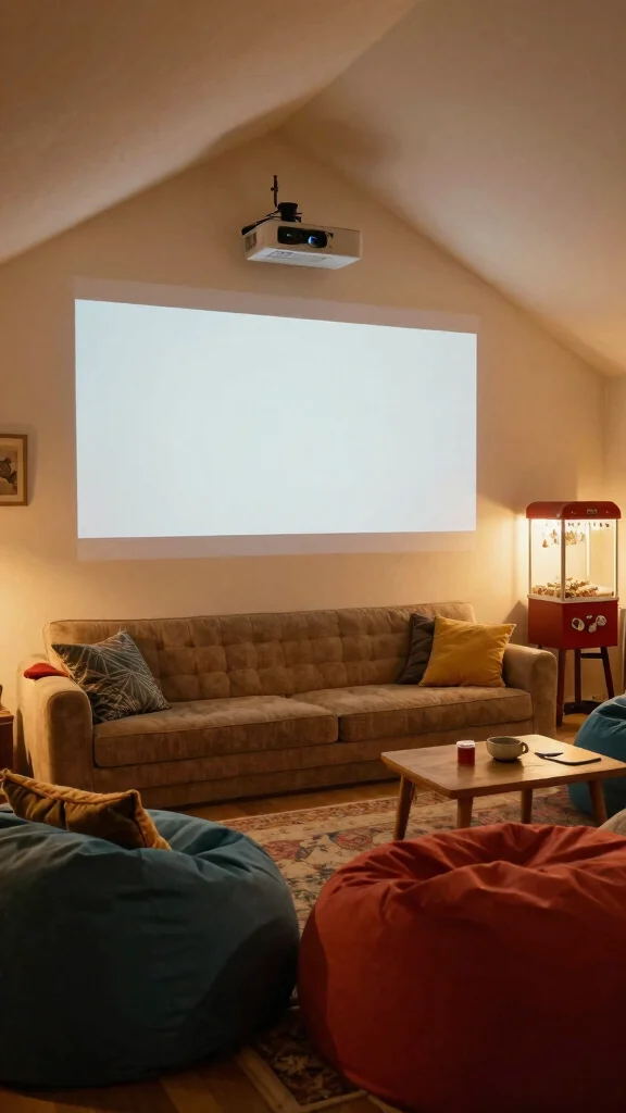 13 Attic Game Room Ideas for a Fun Dedicated Top-Floor Entertainment Space - 4. Cozy Movie Zone 1