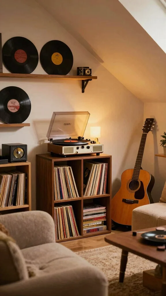 13 Attic Game Room Ideas for a Fun Dedicated Top-Floor Entertainment Space - 9. Nostalgic Music and Game Area 1