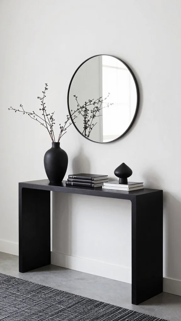 13 Entryway Console Table Ideas for a Stylish Welcoming Display - 1. Monochrome Magic 1