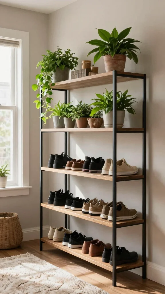 13 Entryway Shoe Storage Ideas for a Tidy Organized Entrance - 11. Shoe Shelves with Plants 1