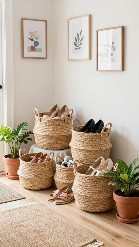 13 Entryway Shoe Storage Ideas for a Tidy Organized Entrance - 4. Decorative Shoe Baskets 1