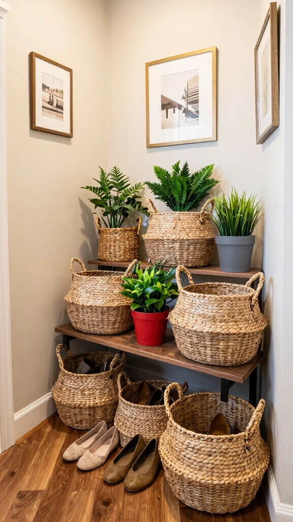 13 Hallway Coat and Shoe Storage Ideas for a Clutter-Free Entrance - 6. Decorative Baskets 1