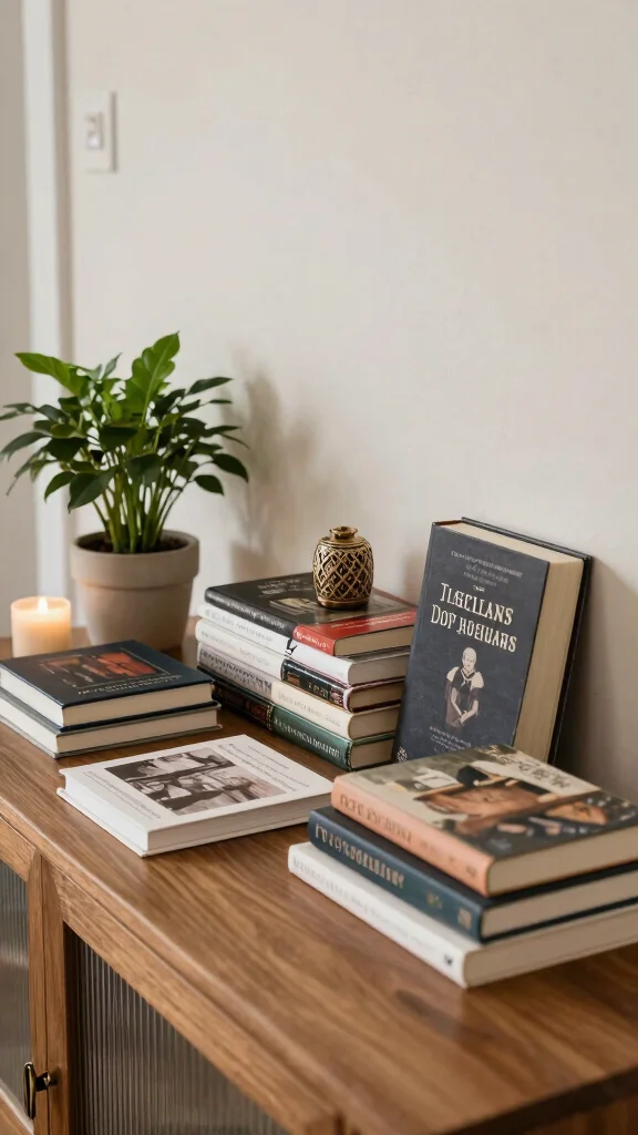 13 Hallway Table Decor Ideas for a Curated Beautiful Entrance - 9. Books as Decor 1