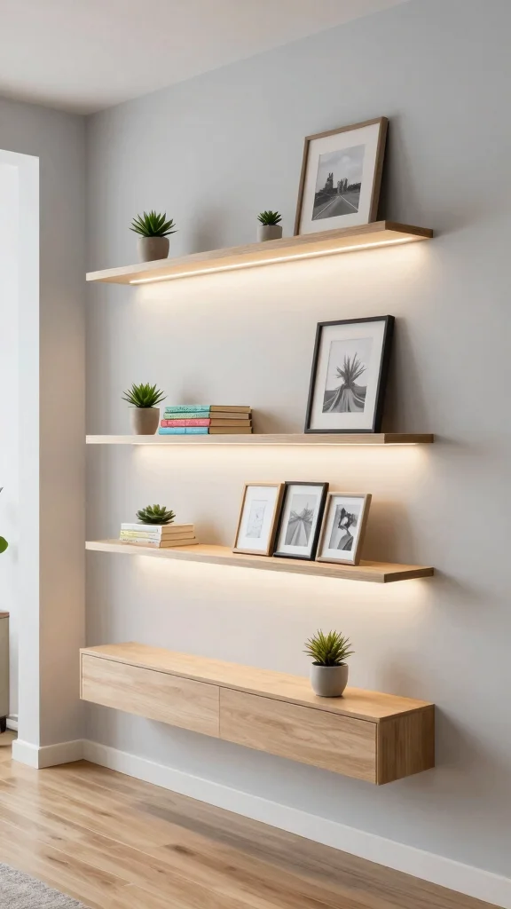 14 Hallway and Stairs Ideas for a Cohesive Beautiful Connected Space - 1. Floating Shelves for Functional Decor 1