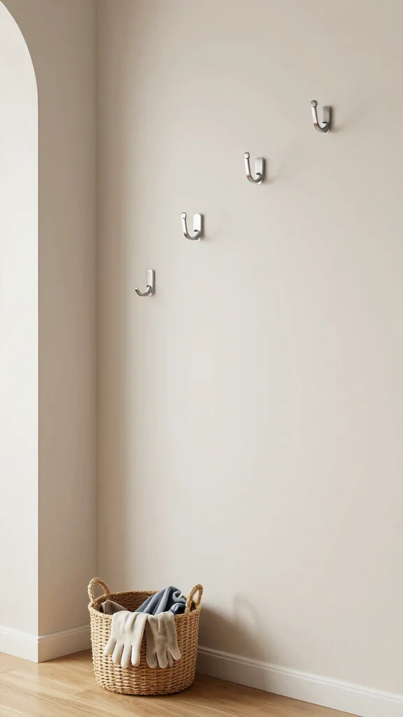 14 Hallway and Stairs Ideas for a Cohesive Beautiful Connected Space - 10. Minimalist Hooks for Smart Organization 1