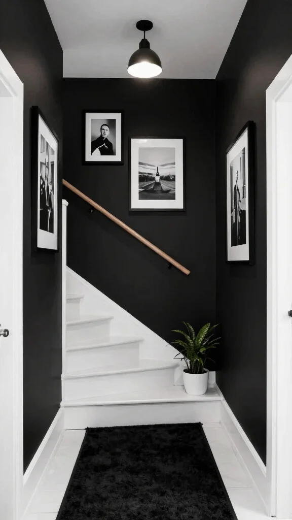 14 Hallway and Stairs Ideas for a Cohesive Beautiful Connected Space - 2. Monochrome Magic with Black and White 1