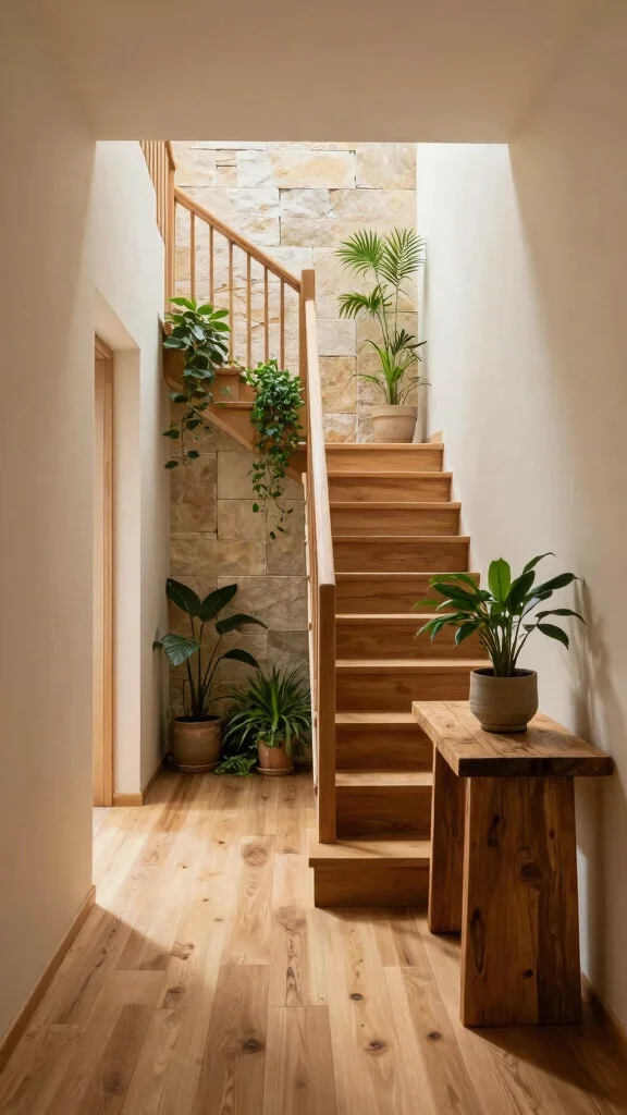 14 Hallway and Stairs Ideas for a Cohesive Beautiful Connected Space - 5. Natural Elements for a Calm Vibe 1