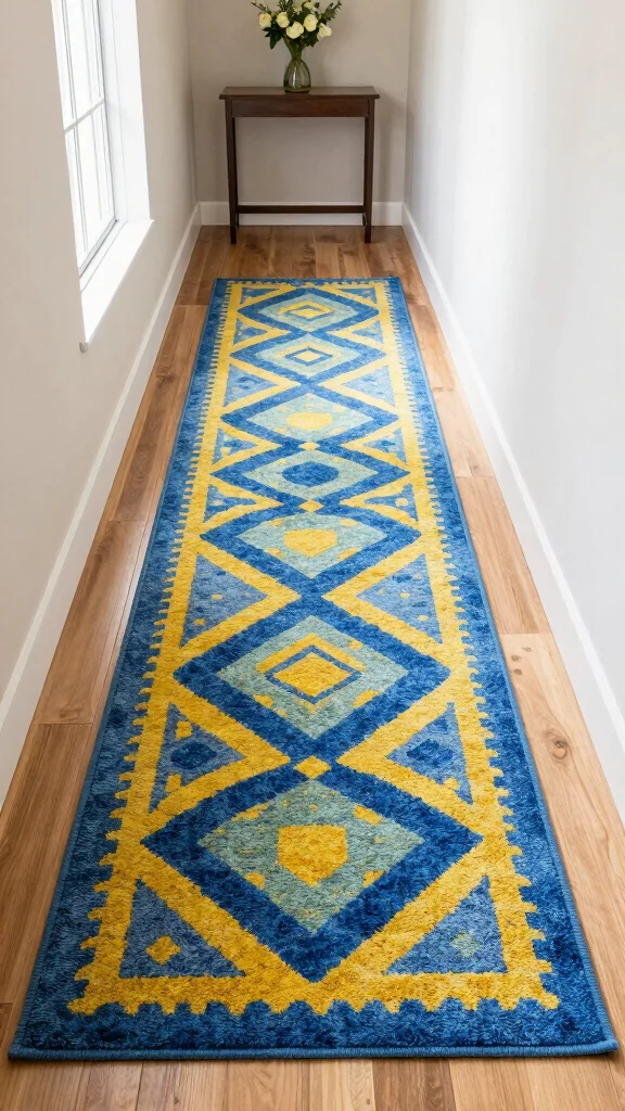 14 Hallway and Stairs Ideas for a Cohesive Beautiful Connected Space - 6. Playful Patterns with Rugs 1