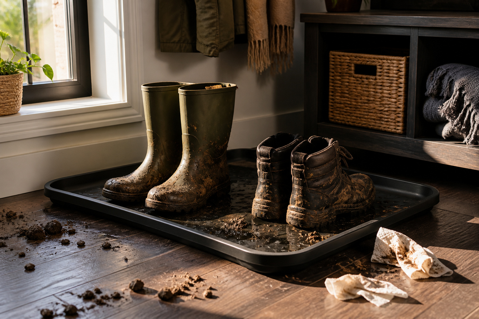 Mudroom with dark wooden floor and sunlight through a window