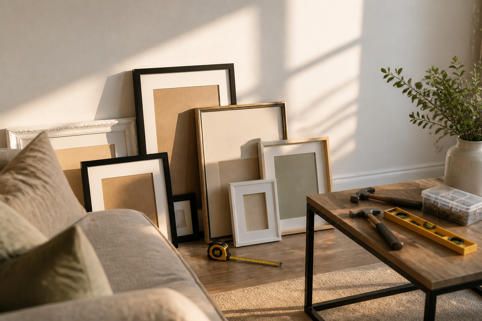Close-up of a blank, freshly painted living room wall in afternoon light