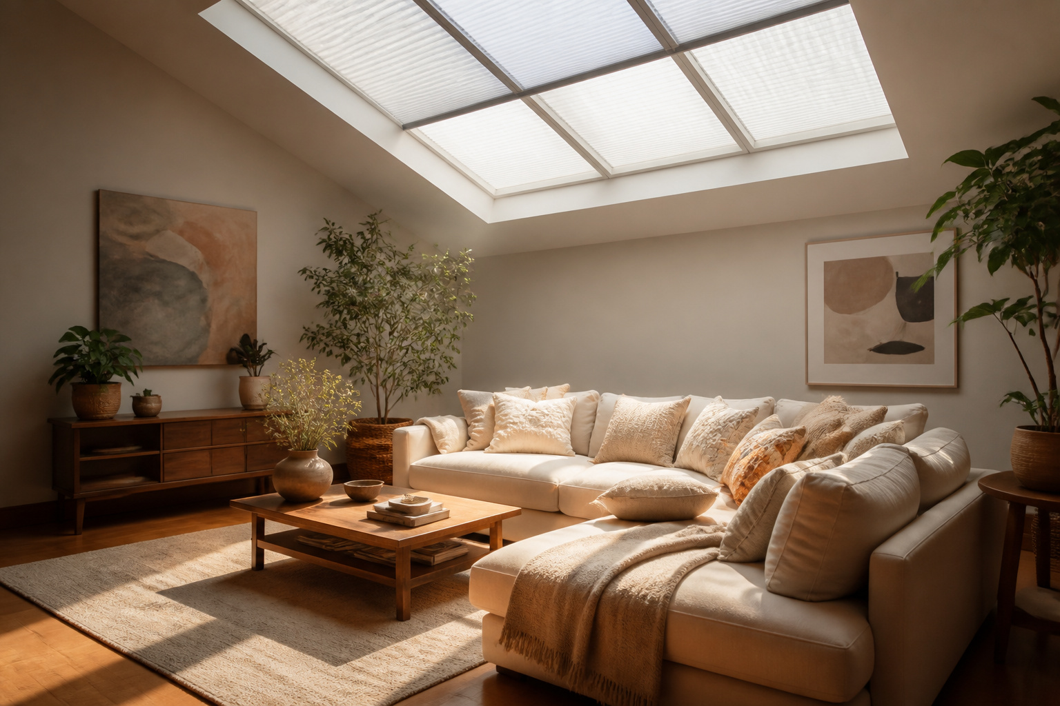 Cozy living room with a large skylight and warm natural light