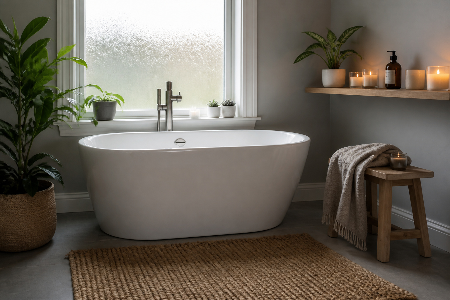 Cozy modern bathroom with a small freestanding tub under a frosted window.