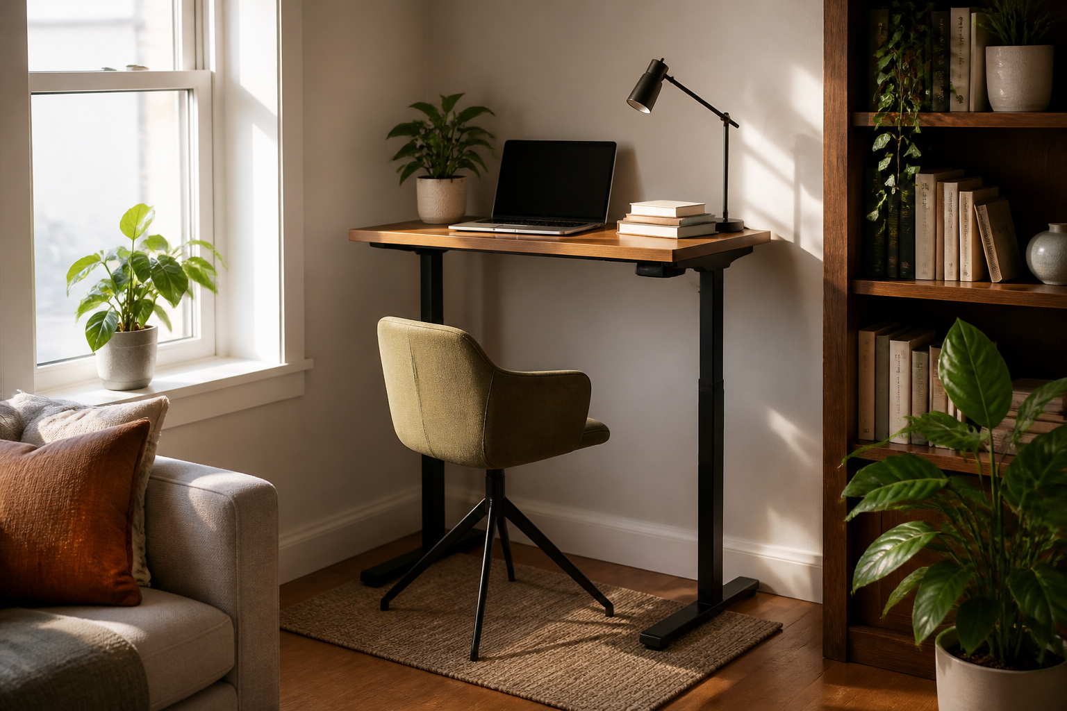 Cozy home office corner with a standing desk and natural light