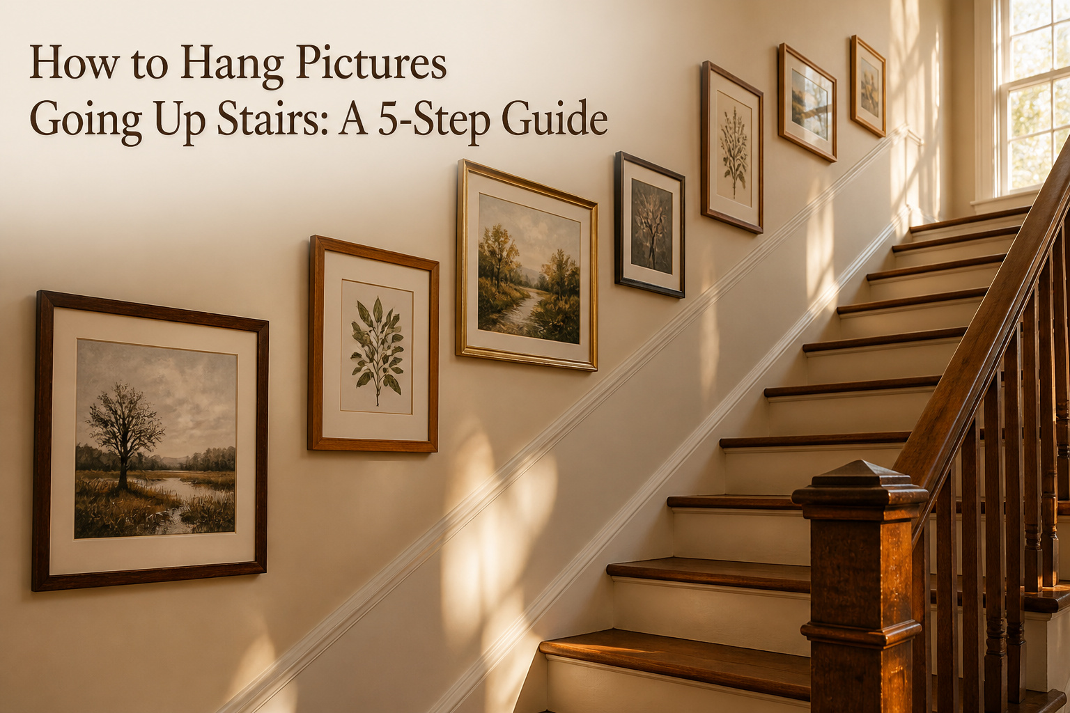 Gallery wall featuring various framed artworks in a staircase.