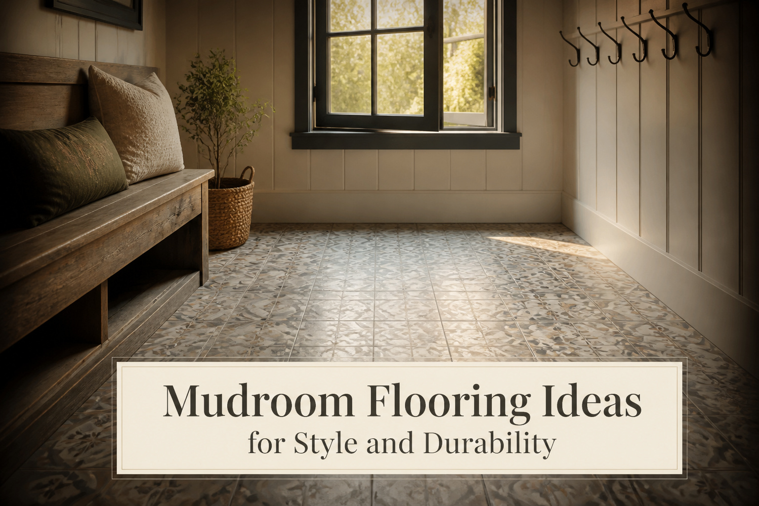 A modern mudroom featuring various flooring styles and decorative elements.