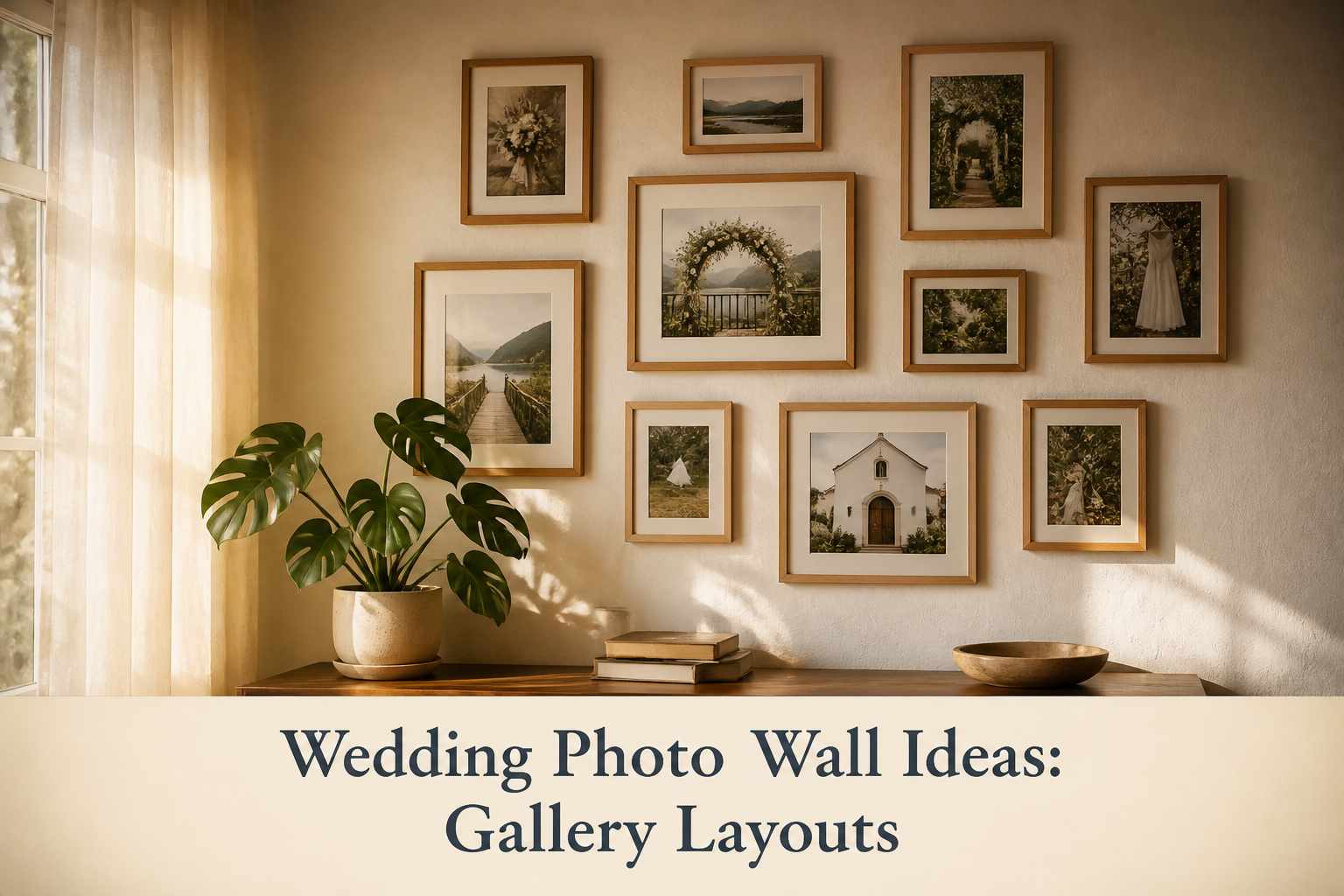 A collection of wedding photos arranged in various frames on a wall.